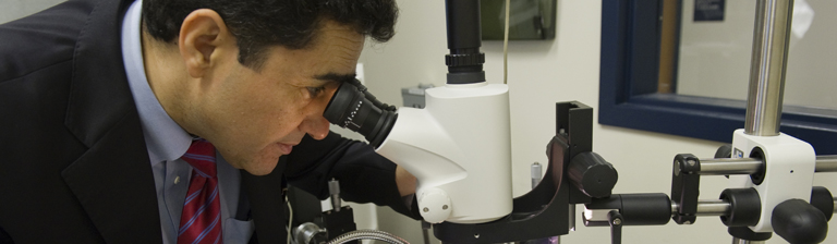 man looking through microscope in lab